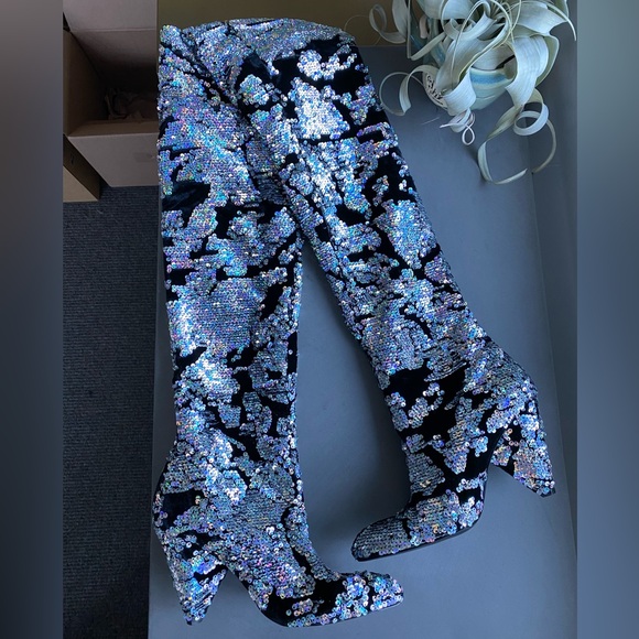 Free People Midnight Party Velvet Sequin Scrunch Boots Heels 38 7.5 festival - Picture 3 of 15